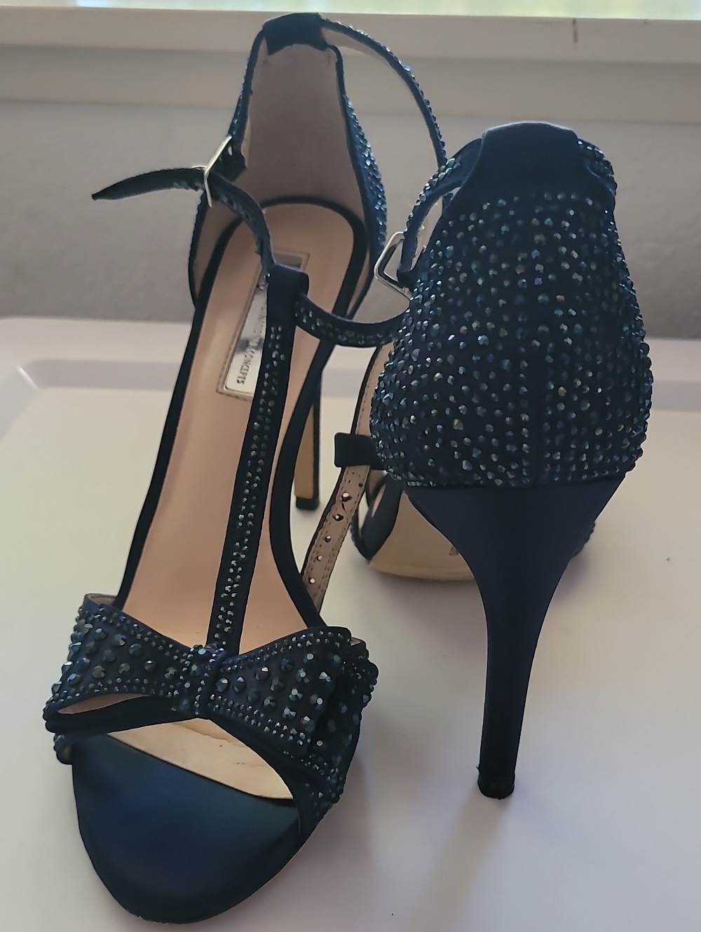 INC International Concepts Navy T-Strap Crystal Bow Heels